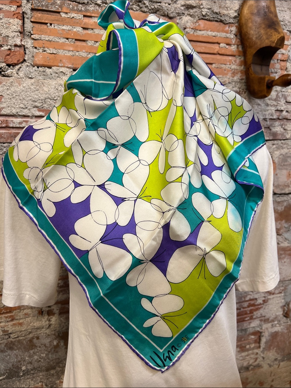 Vintage Vera Neumann Silk Scarf in Teal, Lime & Purple with butterfly motif.